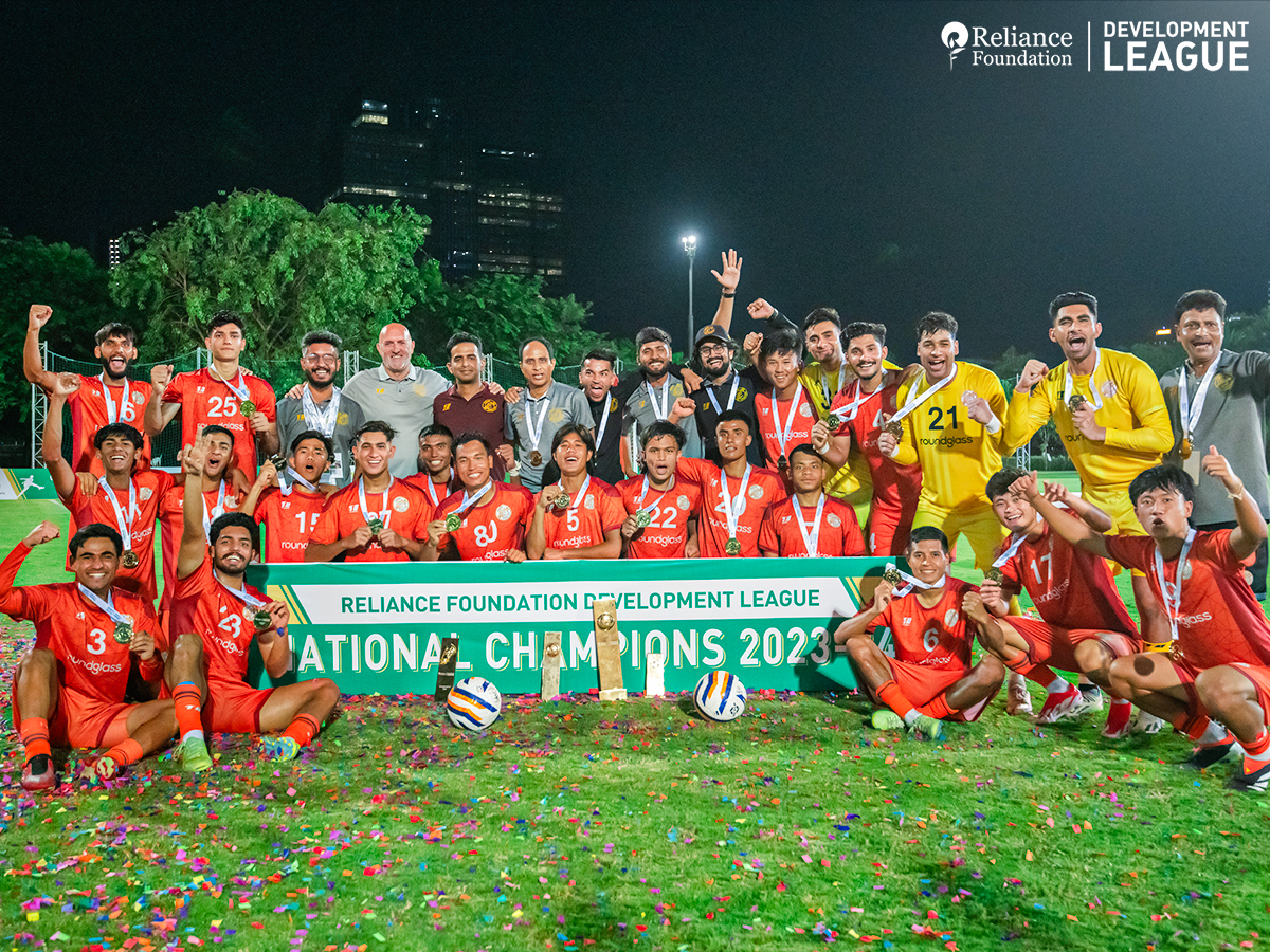 Reliance Foundation Development League National Champions 2023 team celebrating