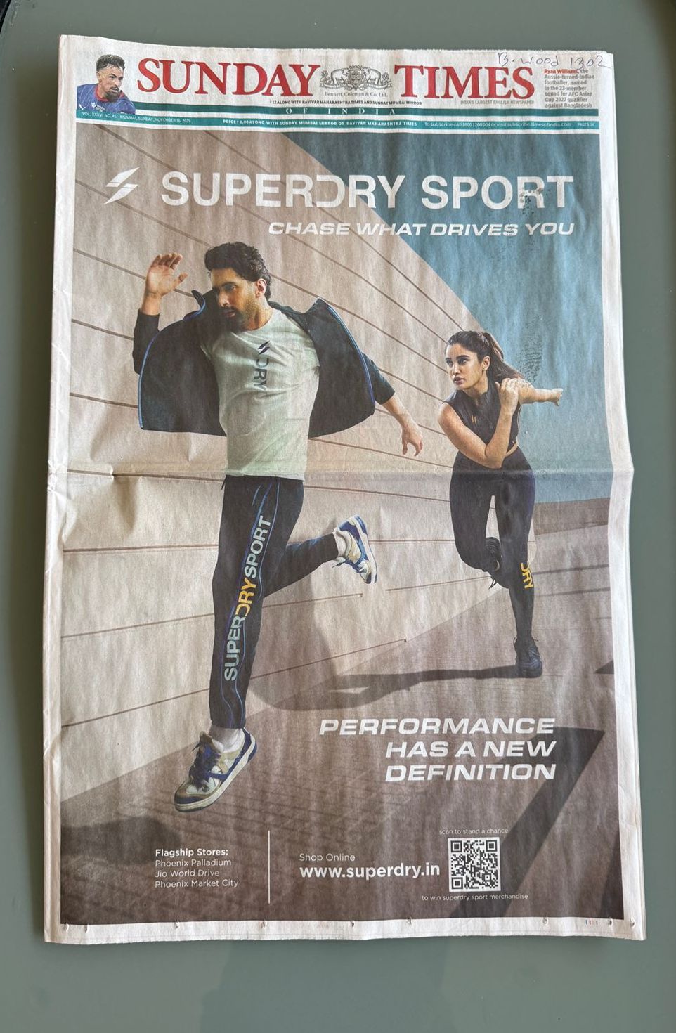Superdry Sport full-page advertisement in The Sunday Times of India featuring Lakshya Lalwani and Rasha Thadani
